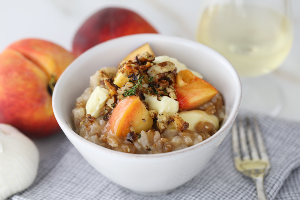 Georgia Peach & Spelt Berry Risotto with a Pecan Chili Crumb